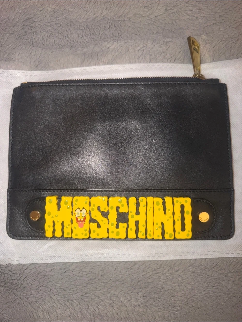 Preloved SpongeBob  Moschino Black Leather Pouch with Yellow Logo Panel
